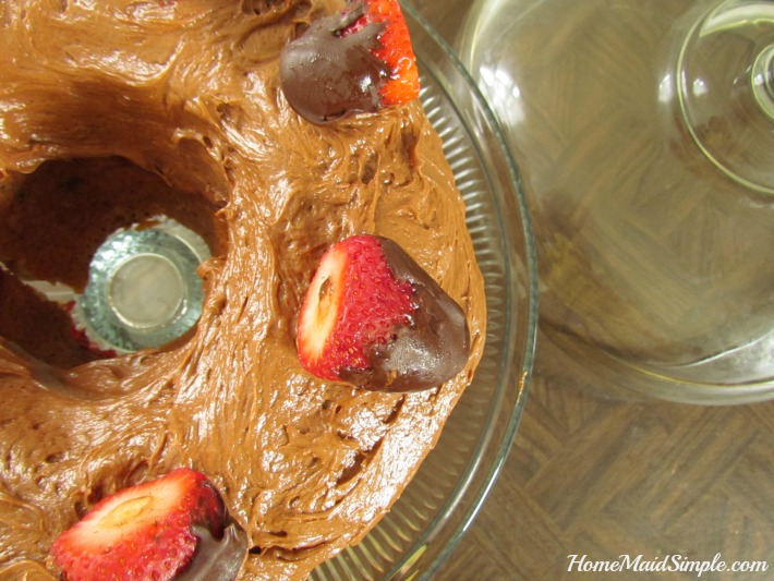 Chocolate covered Strawberry Rhubarb Bundt Cake
