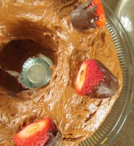 Chocolate covered Strawberry Rhubarb Bundt Cake